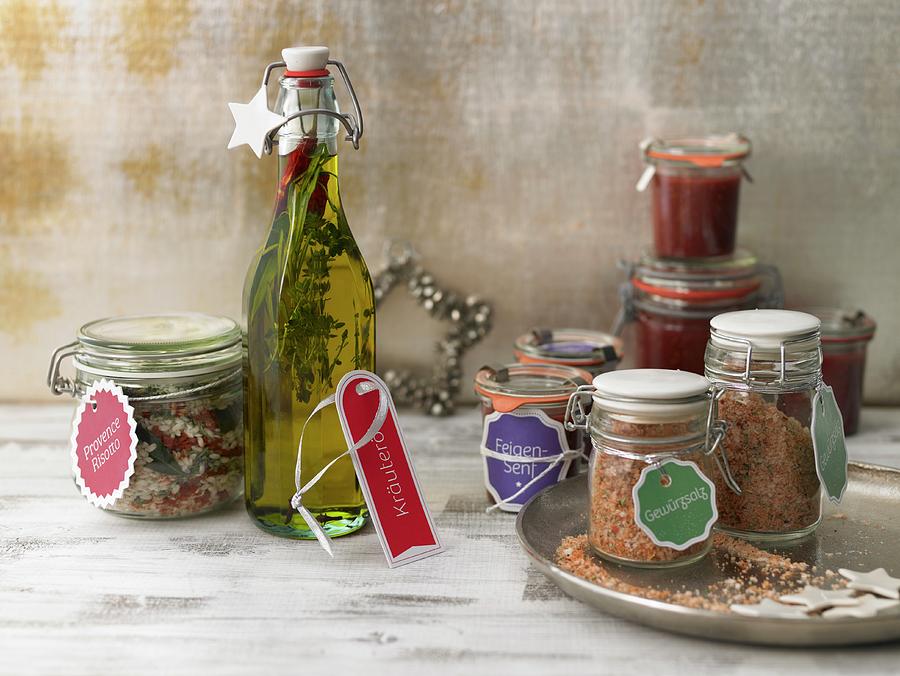 Homemade Christmas Gifts: Spiced Salt, Fig Mustard, Herb Oil And Provence Risotto Photograph by Nikolai Buroh