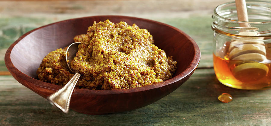 Homemade Coarse Sweet Mustard With Honey And Chilli In A Wooden Bowl Photograph by Teubner Foodfoto