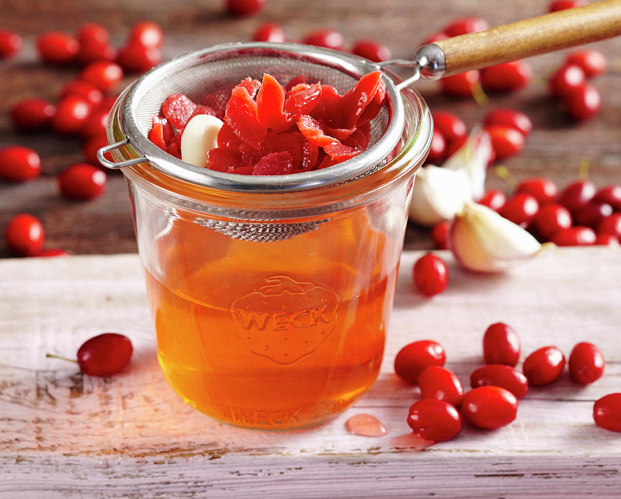 Homemade Cornelian Cherry Vinegar With Garlic And Fruit Vinegar In A Mason Jar With A Strainer Photograph by Teubner Foodfoto