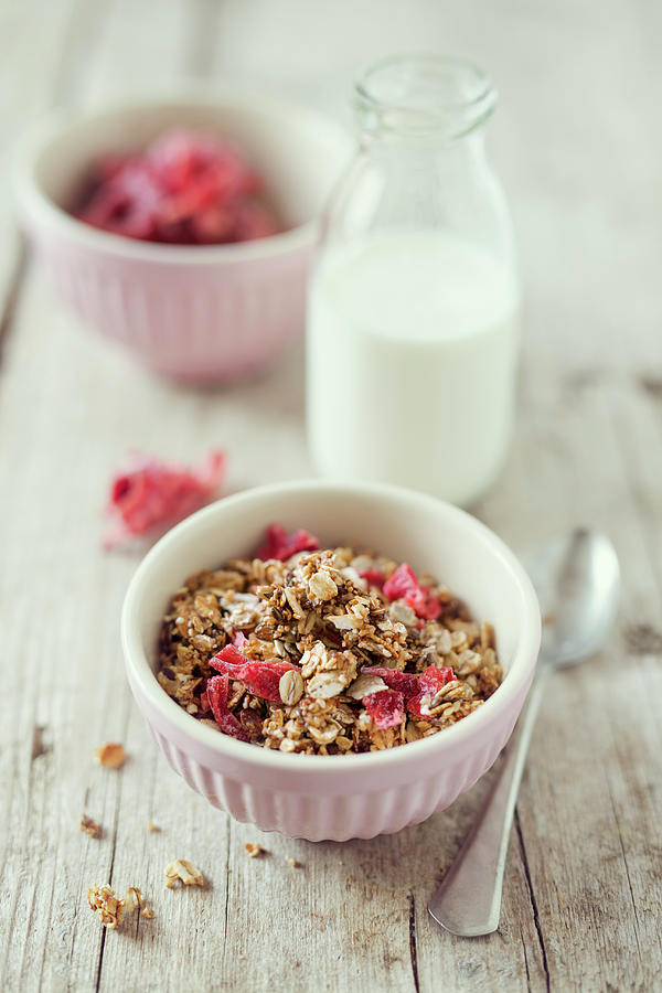 Homemade Crunchy Muesli With Candied Hibiscus Flowers And Grain Milk Photograph by Jan Wischnewski