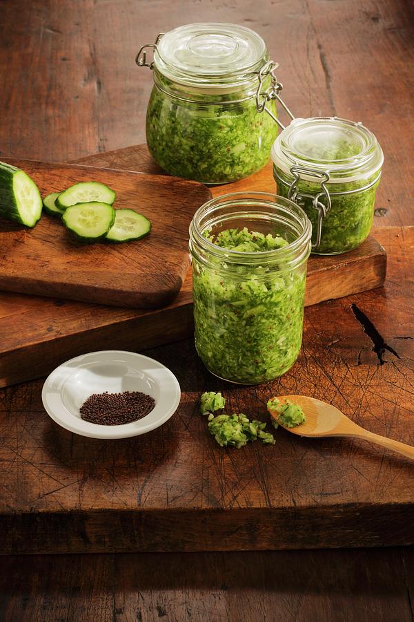 Homemade Cucumber Relish With Dill And Mustard Seeds In Jars Photograph ...