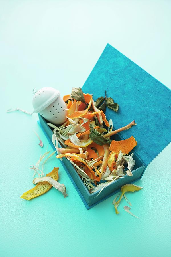 Homemade Fruit Tea Mix And A Tea Infuser In A Blue Box Photograph by Michael Wissing