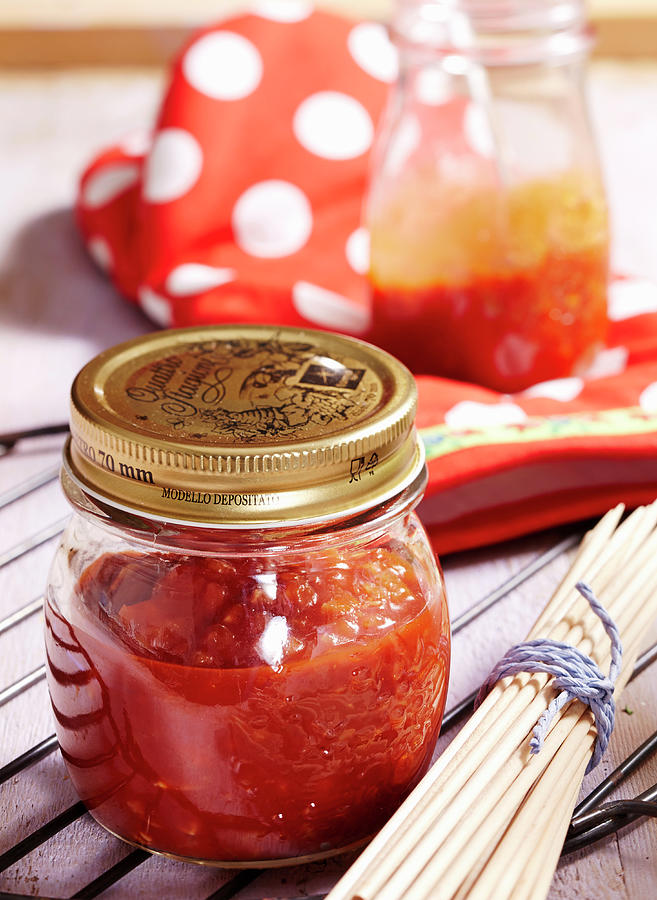 Homemade Fruity Barbecue Sauce In A Jar For Grilled Food Photograph by Teubner Foodfoto