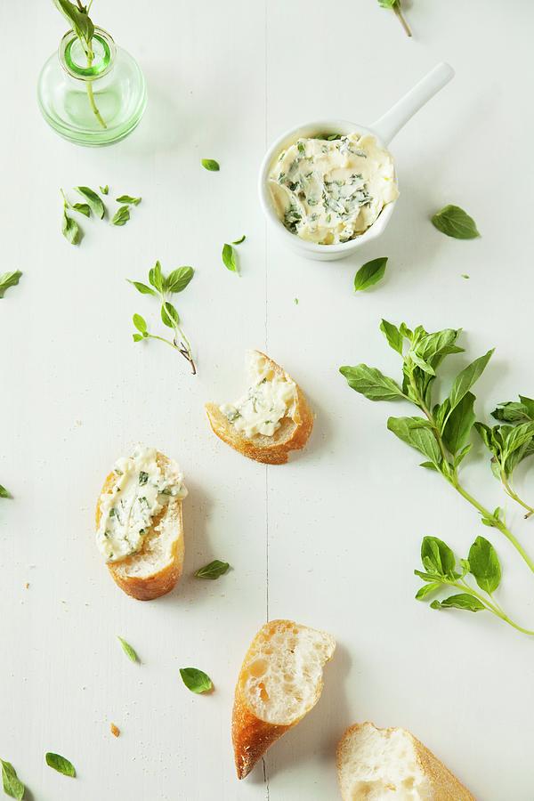 Homemade Herb Butter And Slices Of Baguette Photograph by Julia Cawley
