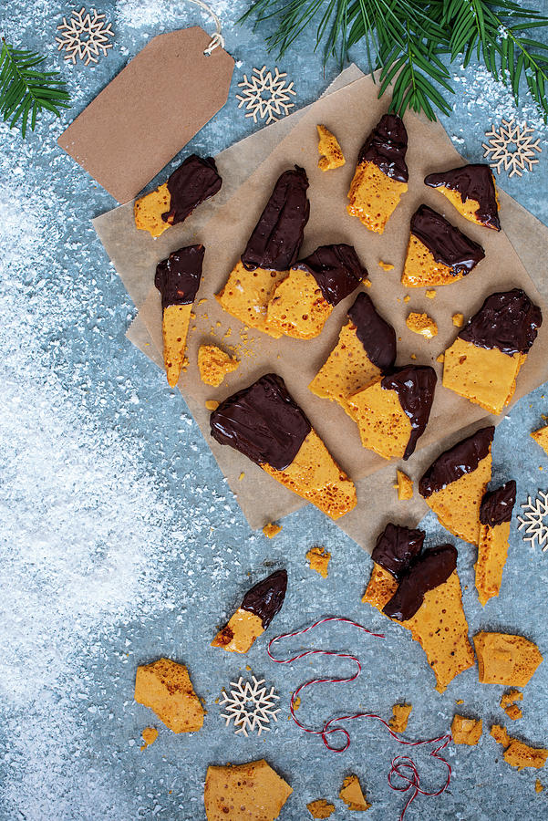 Homemade Honeycomb Dipped In Dark Chocolate For Christmas, View From Above Photograph by Magdalena Hendey