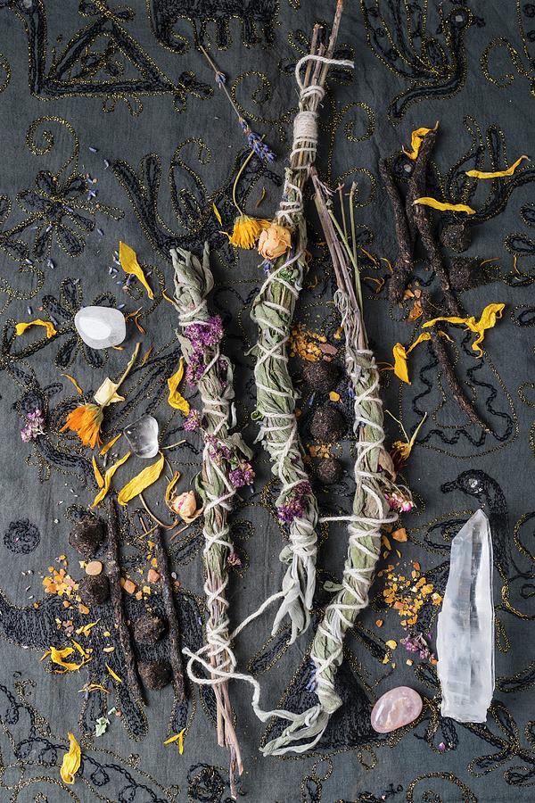 Flowers Still Life Photograph - Homemade Incense Sticks, Cones, And Herbs For Smoking, With Crystals by Mandy Reschke