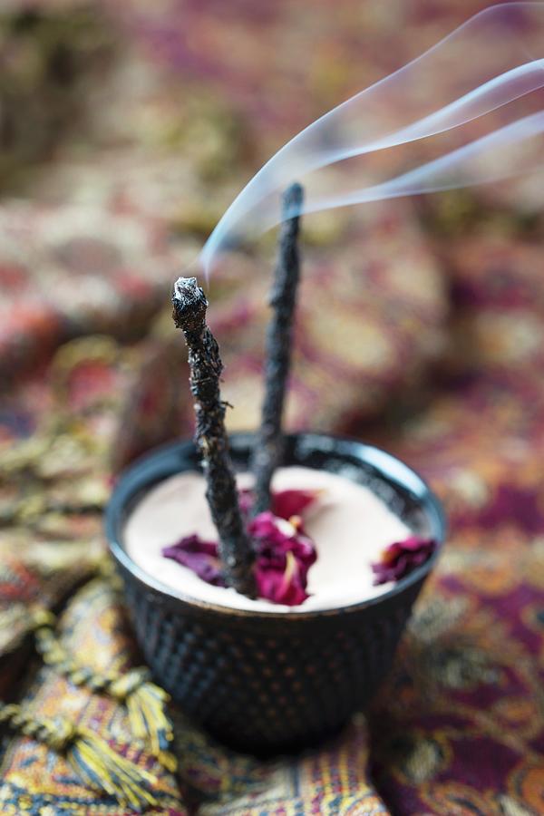 Homemade Incense Sticks With Smoked Coal, Resin, Dried Herbs And Flowers Photograph by Mandy Reschke