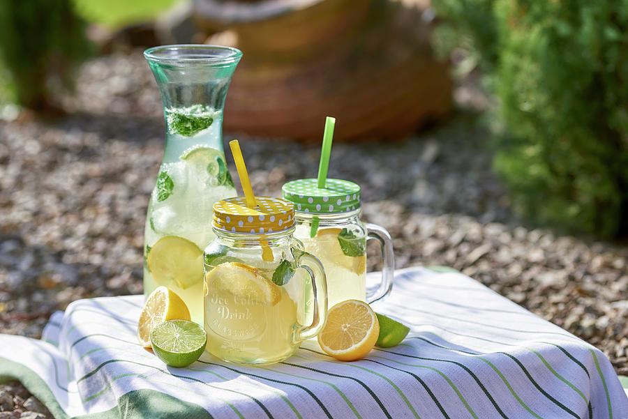 Homemade Lemon Syrup With Mint, Ice Cubes And Lime Slices Photograph by Volker Dautzenberg