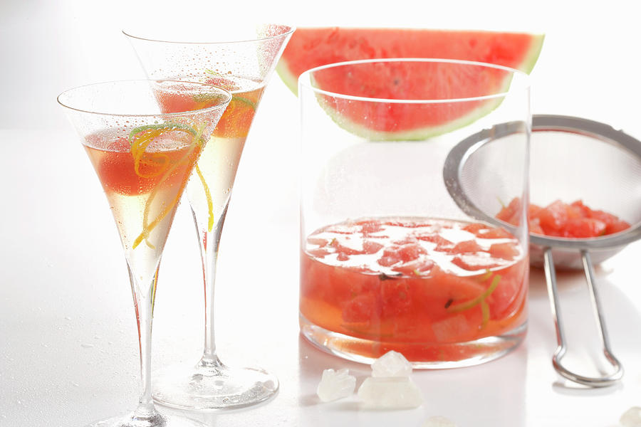 Homemade Liqueur Made With Watermelon, Lime, Orange, Rock Sugar And Grappa Photograph by Teubner Foodfoto