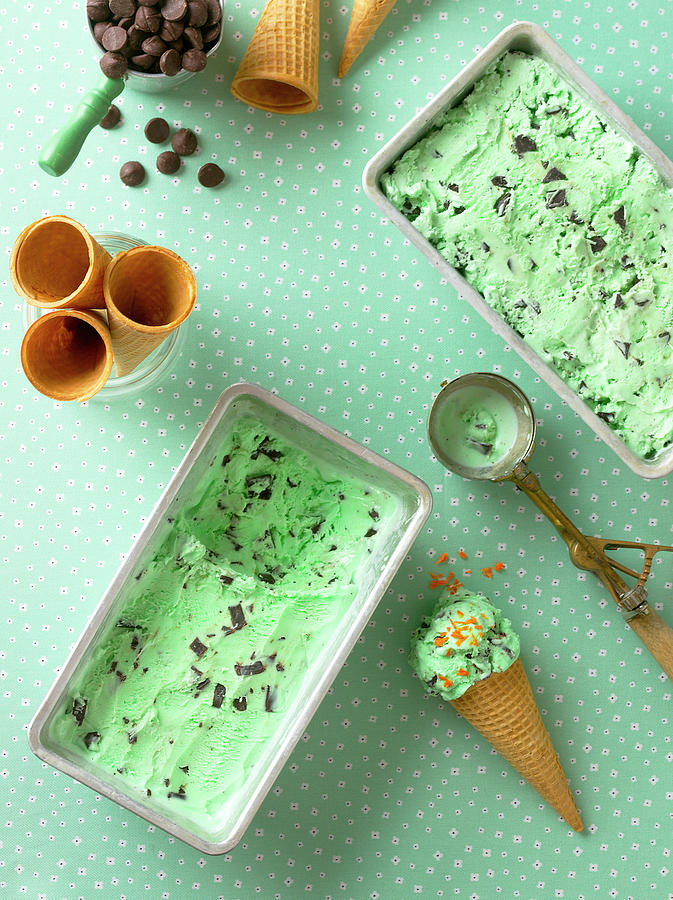 Homemade Mint Ice Cream In Metal Containers And In Cones Photograph by Janellephoto