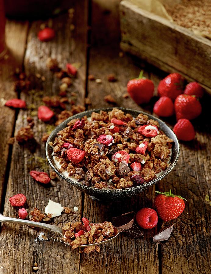 Homemade Oat Granola With Dried Strawberries, Raspberries And Chocolate Photograph by Artfeeder