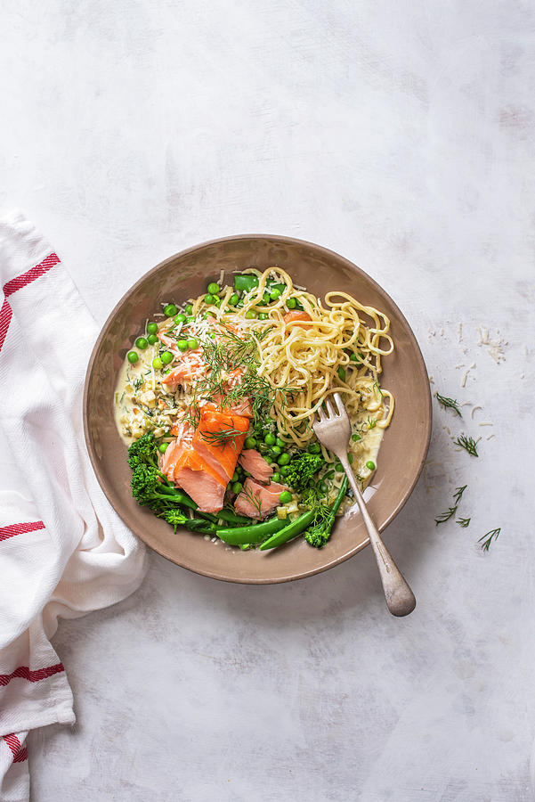 Homemade Pasta With Creamy Sauce, Salmon, Dill And Parmesan Cheese Photograph by Magdalena Hendey