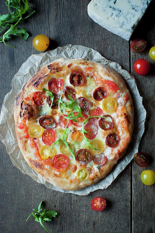 Homemade Pizza Topped With Colourful Cherry Tomatoes, Mozzarella And Gorgonzola Photograph by Kachel Katarzyna