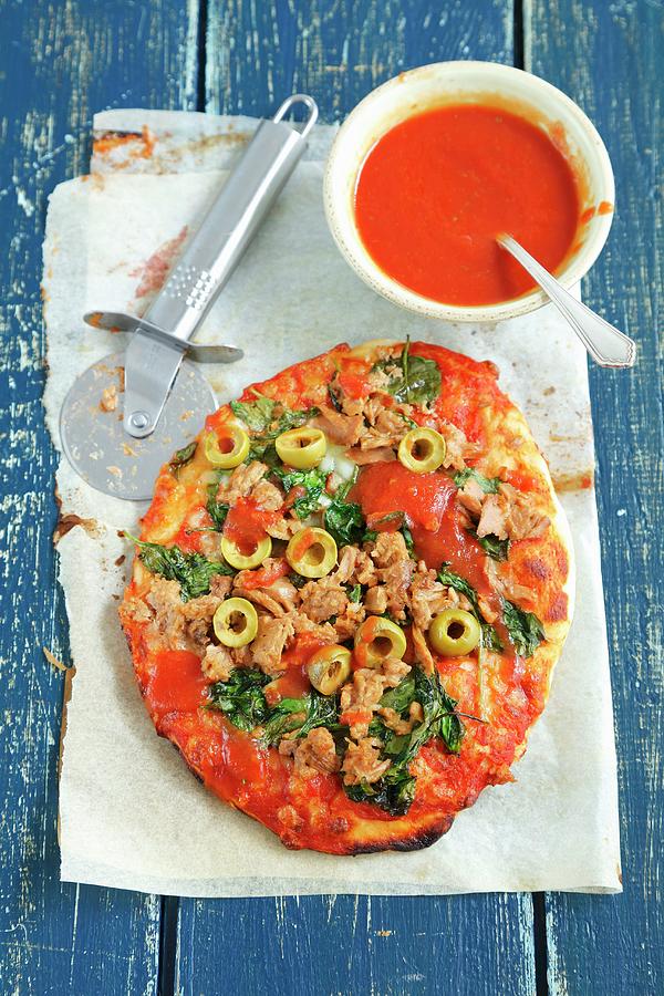 Homemade Pizza With Tuna, Spinach And Green Olives Photograph by Rua Castilho