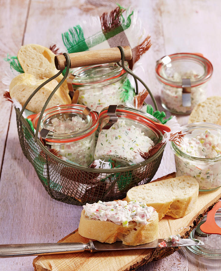 Homemade Quark And Ham Spread With White Bread In Jars To Take Away Photograph by Teubner Foodfoto