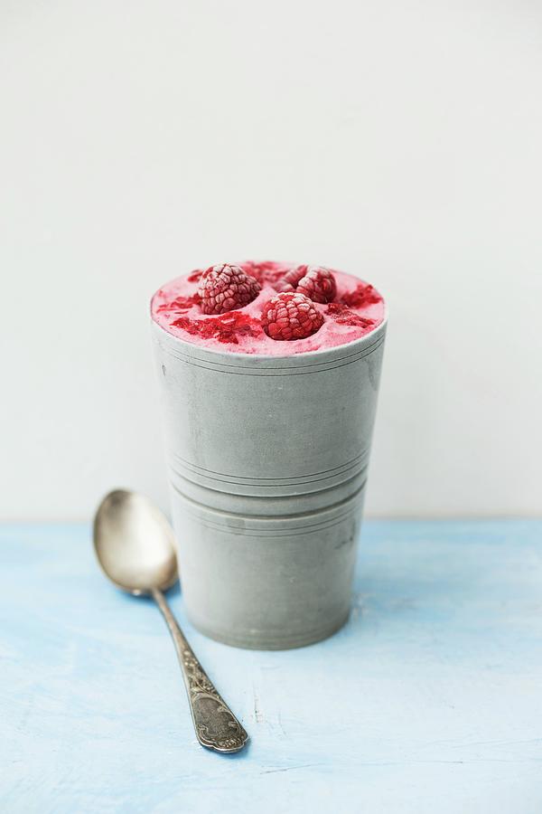 Homemade Raspberry Ice Cream In A Metal Cup Photograph by Mandy Reschke