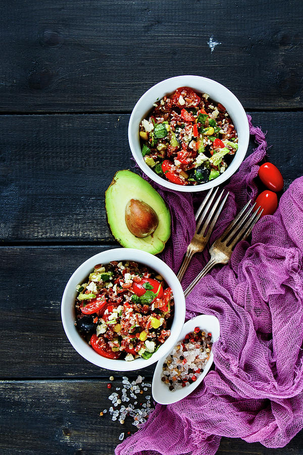 Homemade Red Rice Salad With Feta Cheese, Cherry Tomatoes, Avocado ...