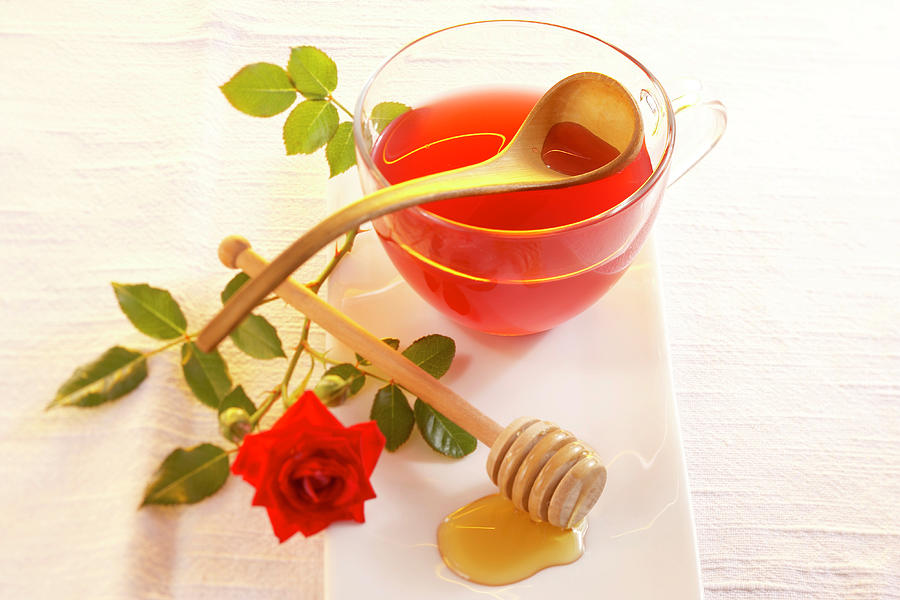 Homemade Rose Vinegar In A Glass Cup With Acacia Honey Photograph by Teubner Foodfoto