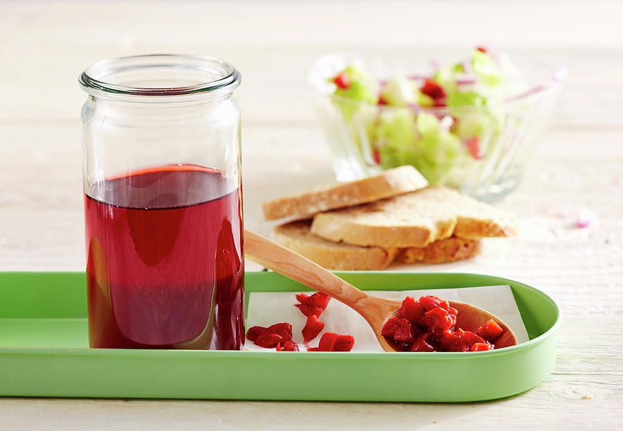 Homemade Sour Cherry Vinegar In A Glass, With Salad And White Bread Photograph by Teubner Foodfoto