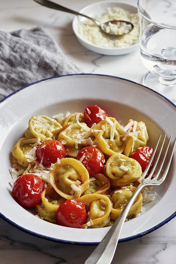 Homemade Spinach And Ricotta Tortellini With Cherry Tomatoes Photograph ...