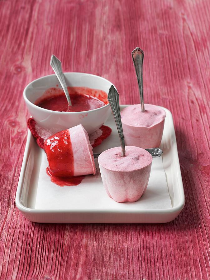 Homemade Strawberry Ice Lolly With Strawberry Sauce Photograph by Thorsten Strmer
