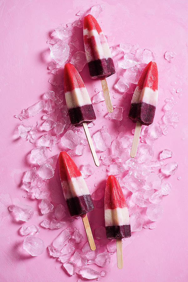 Homemade Three Colour strawberry, Banana And Blueberry Ice Lollies Photograph by Magdalena Hendey