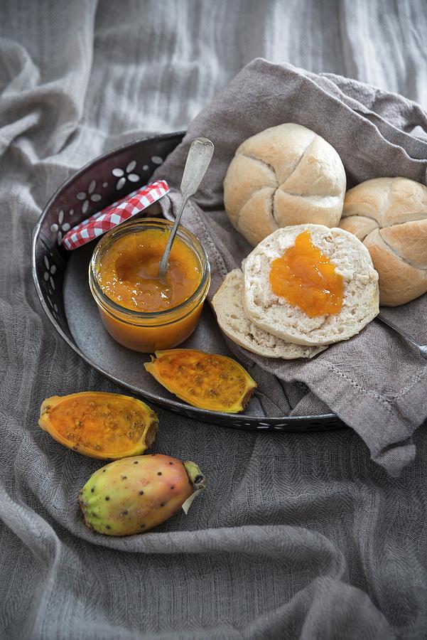 Homemade Vegan Prickly Pear Jam With Crusty Bread Roll Halves Photograph by Kati Neudert