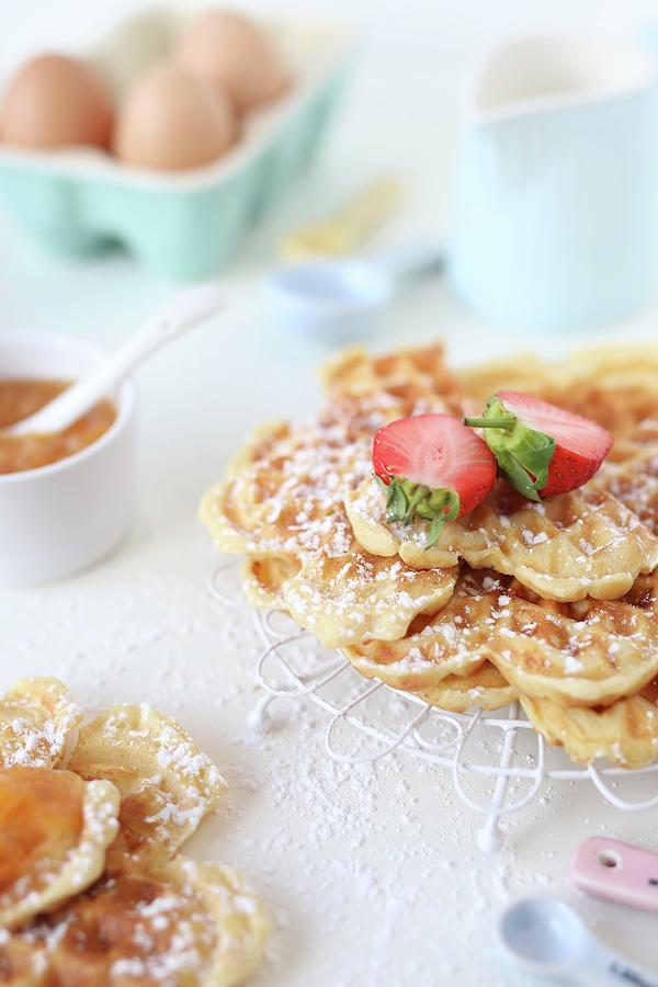Homemade Waffles With Apricot Jam And Strawberries Photograph by Dorota Ryniewicz