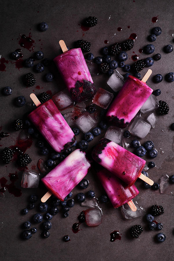 Homemade Yoghurt Ice Cream On Sticks With Blueberries And Blackberries Photograph by Karolina Polkowska