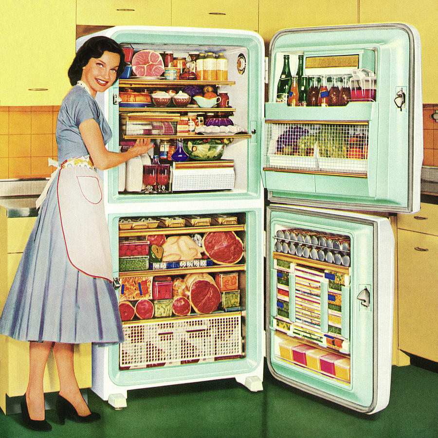 Vintage Drawing - Homemaker Showing a Full Refrigerator by CSA Images