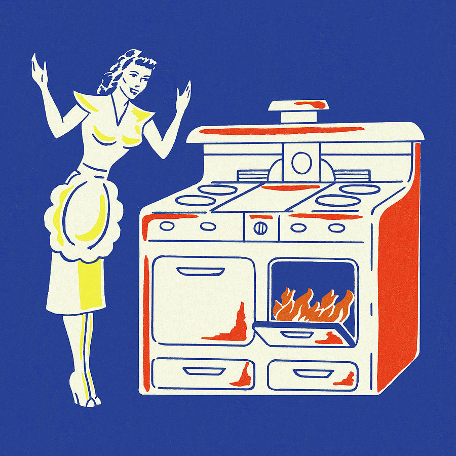 Vintage Drawing - Homemaker with Flames in the Oven by CSA Images