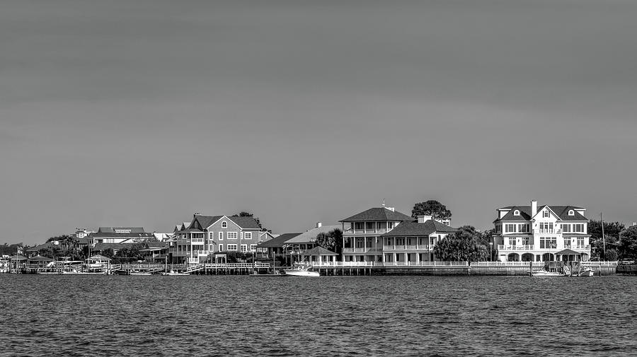 Homes Across The Water In Morning In Black and White Photograph by Greg and Chrystal Mimbs