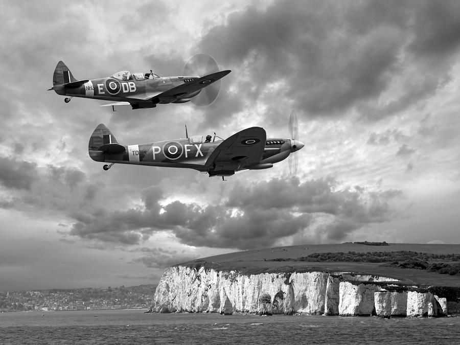Homeward Bound Spitfires Over The White Cliffs Of Dover In Black And White Photograph by Gill Billington