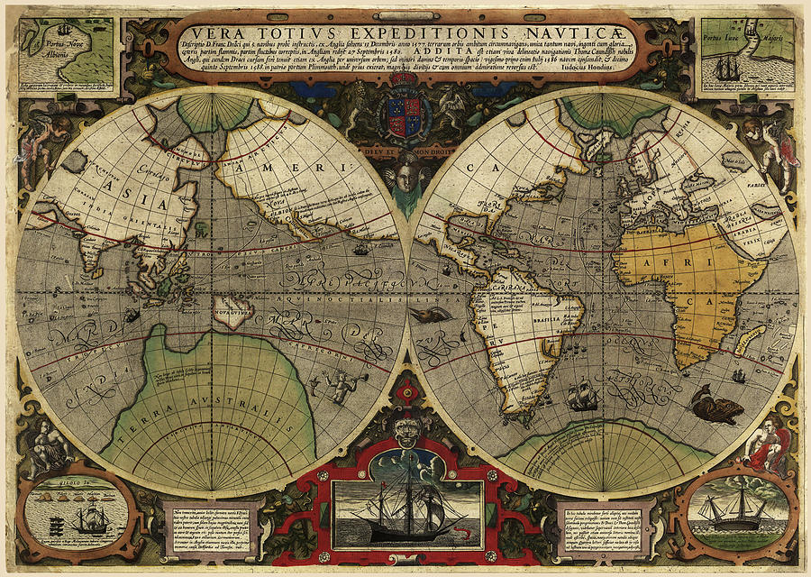 Typography Mixed Media - Hondius Map Of The World 1595 by Vintage Lavoie
