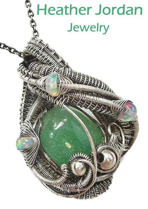 Ethiopian Opal Jewelry - Honduran Jade Wire-Wrapped Pendant in Antiqued Sterling Silver with Ethiopian Welo Opals by Heather Jordan
