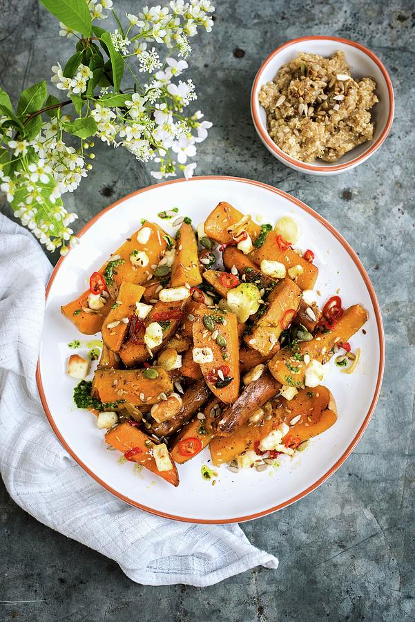 Honey-galzed Sweet Potatoes And Squash With Chilli And Halloumi Photograph by Lucy Parissi