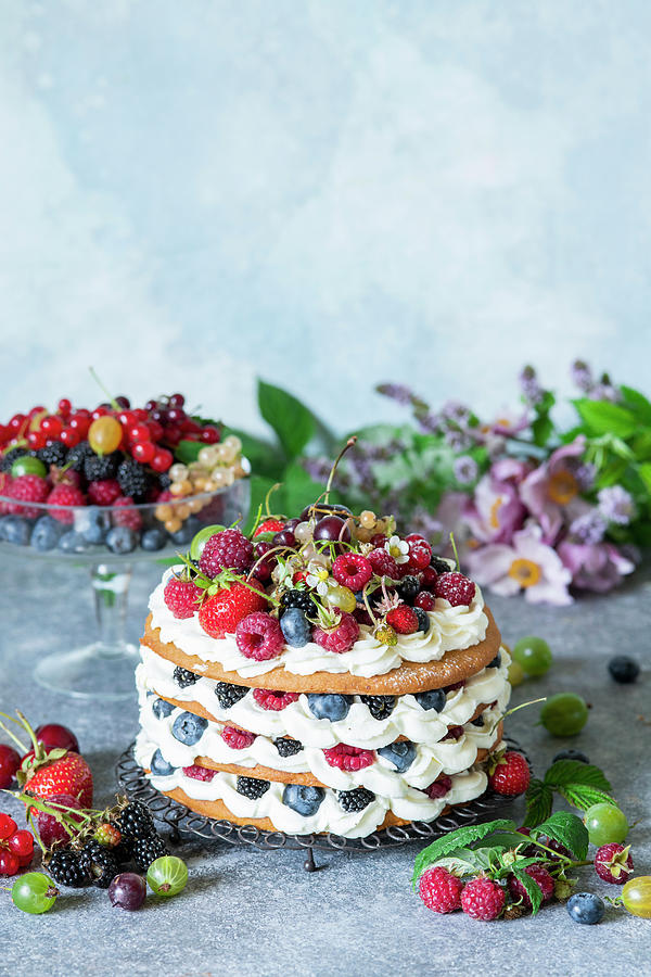Honey Layer Cake With Cream Cheese And Berries Photograph by Irina Meliukh