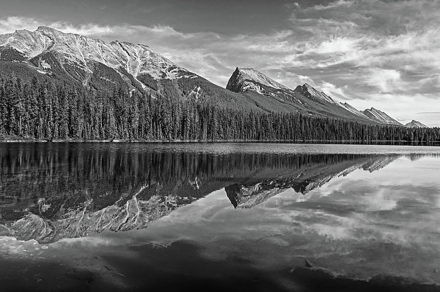 Honeymoon Lake Jasper National Park Endless Ridge Chain mountain range Black and White Photograph by Toby McGuire