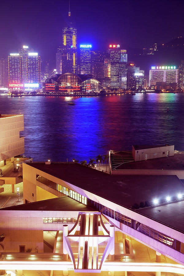 Architecture Digital Art - Hong Kong Harbour At Night, China by Oanh
