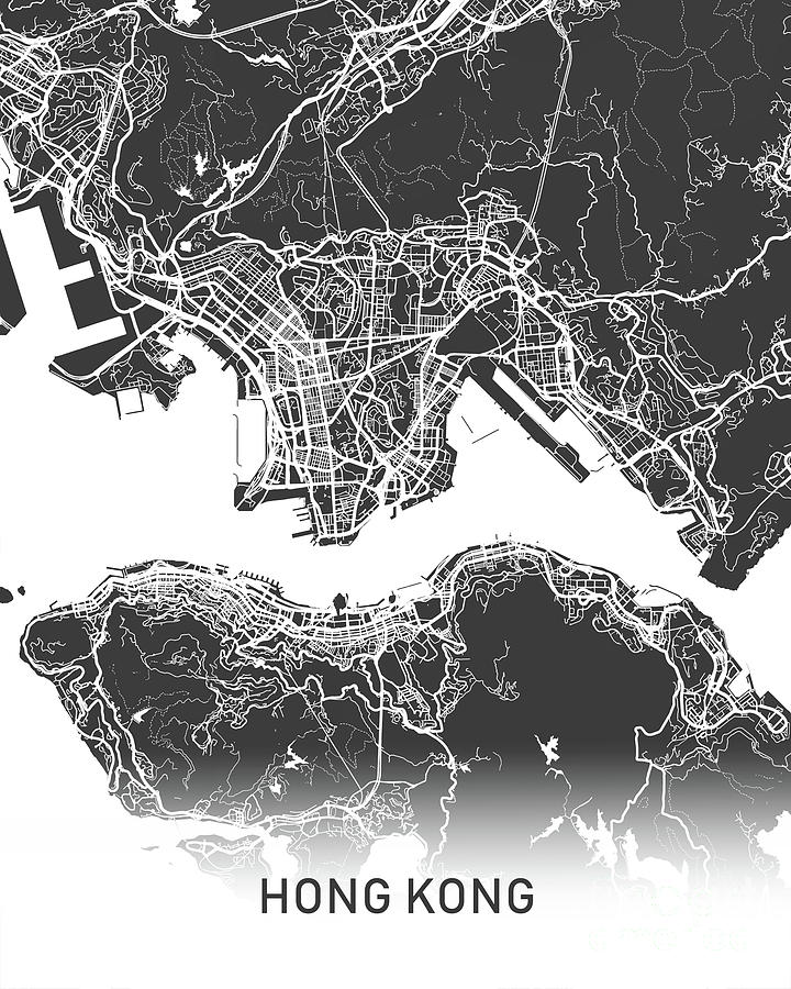 Hong Kong map black and white Photograph by Delphimages Map Creations