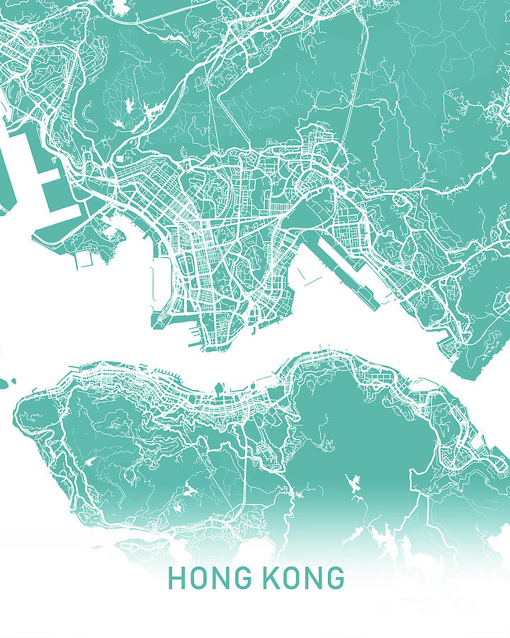 Hong Kong map teal Digital Art by Delphimages Map Creations