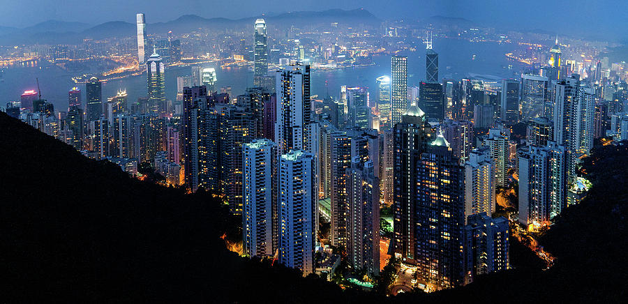 Hong Kong Skyline Panorama At Night By C Andres Valdaliso Martinez