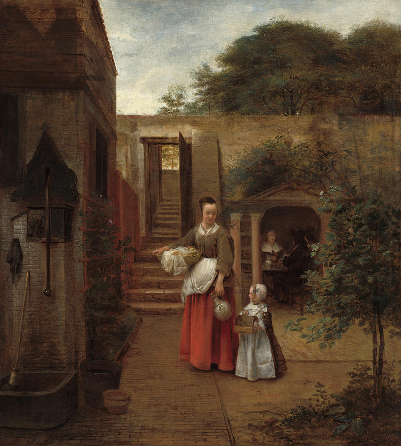 Woman and Child in a Courtyard, 1658-60 Painting by Pieter De Hooch