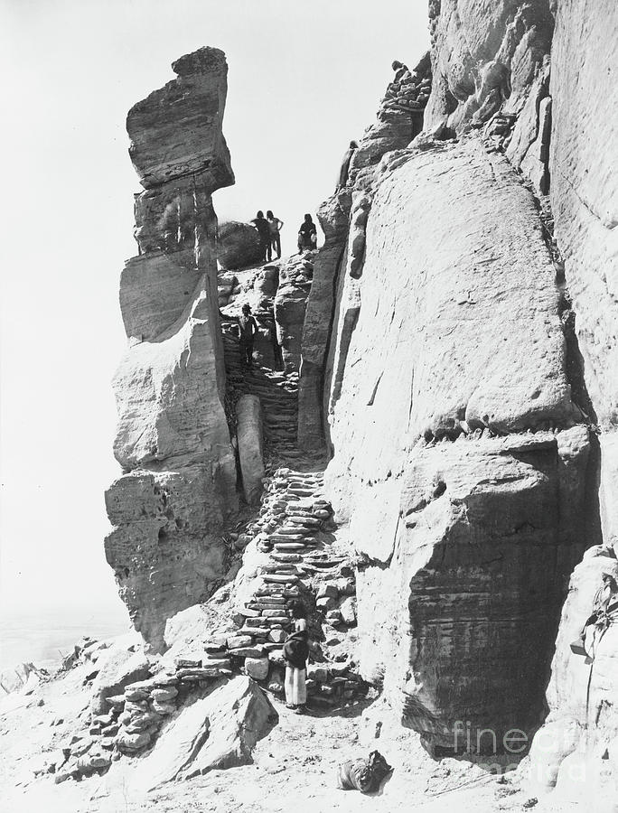 Hopi Indians Along Steps Up Rocks, Leading To Pueblo On Mesa, Walpi, Arizona, 1879 Photograph by John K Hillers