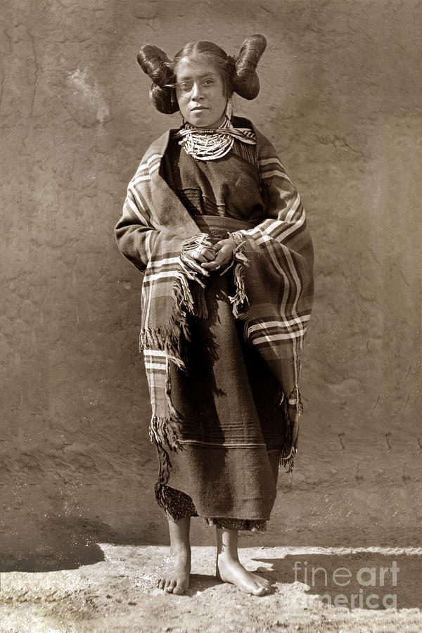 Necklace Photograph -  Hopi Maiden squash blossom hairdo, Sliver Necklace  Circa 1905 by Monterey County Historical Society
