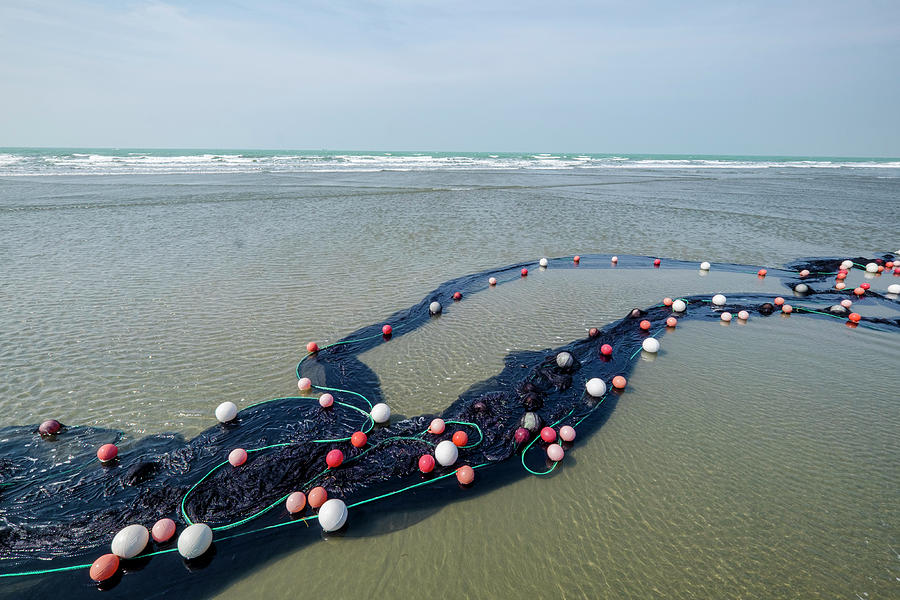 Horizon And Fishing Net On Empty Cox Bazar Beach Bangladesh