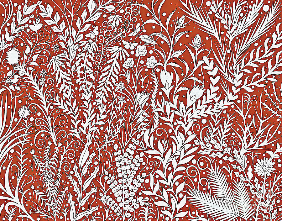 Horizontal Tapestry Design With Leaves And Flowers, Red And White Tapestry - Textile by Lise Winne