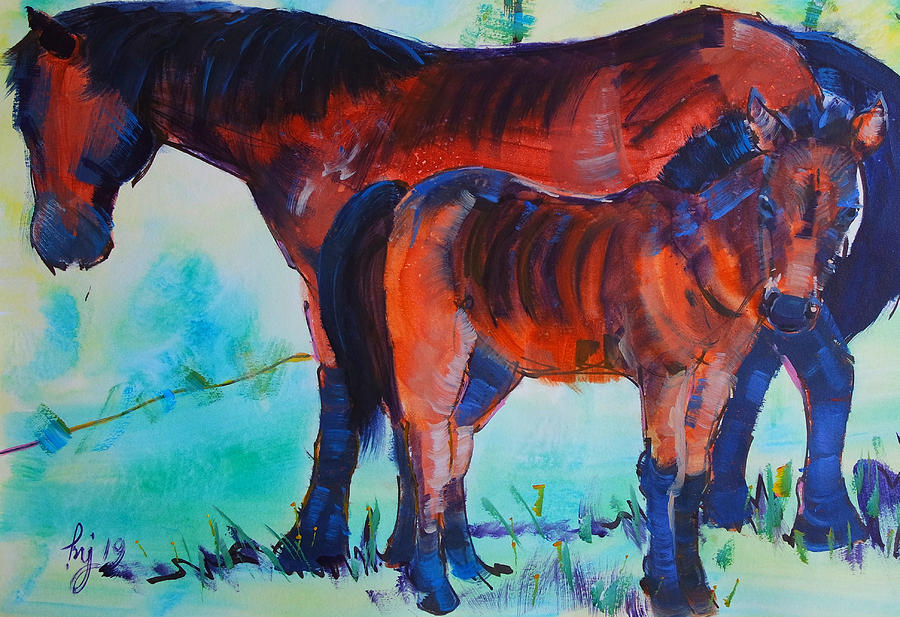 Horse and foal painting - mother and child on Dartmoor Painting by Mike Jory