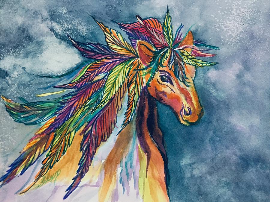 Horse Feathers Rainbow Spirit Horse  Painting by Ellen Levinson