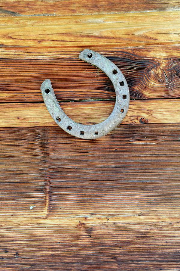 Horse Shoe Hung On Wooden Wall Photograph by Karl-heinz Hug